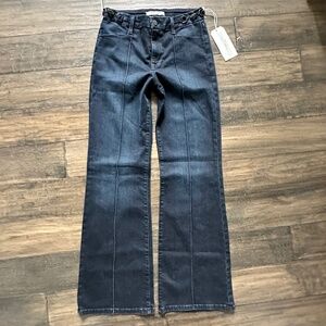 FIDELITY DENIM Chic Dark Wash Front Pleat Horsebit Belt Flare Jeans NWT $278!!